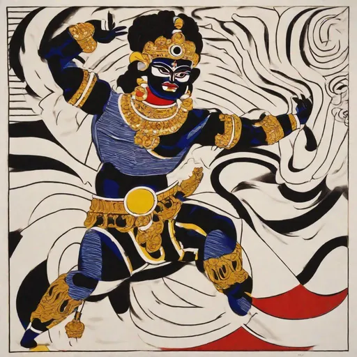 Prompt: dramatic::2 , minimalism::3 , close-up::3 , knolling::3 , borderless diorama::3 , In the "Dream Dancer" pose, the head tilts gently, one arm and leg reach skyward, while the opposite arm and leg curve earthward. caricature of yakshagana drawing by roy lichtenstein blurple pregnant bipoc Highly detailed costume as real person::6 , photorealistic::4 , photo taken by canon d750, --no frills , --no whimsical --no bells and whistles 