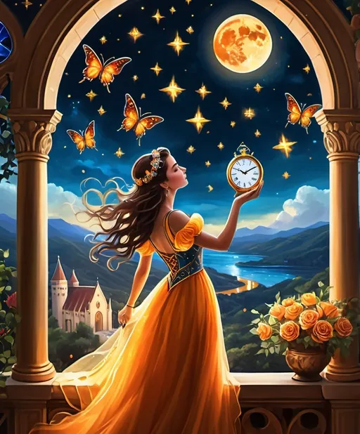 Prompt: Beautiful brunette gorgeous magical woman picking stars out of the sky, stained glass background, rose gold dress, upswept hair, ancient village, open stained glass window, stars and moon, sunset, sacred curse, sunshine and clouds, blue and rose gold red and orange gown, peacocks, owls and clocks, shooting magic from her hands, clock towers and castles, fireflies and butterflies, sunshine and clouds, orange moon, river of glowing stars, Full body view, sunshine and clouds, roses, lilys, peacocks, sunflowers, vines, ivy, Gold dust, butterflies, and doves, ocean and gold cities, Gold statues, white fountains, skulls and vines and bones, a vintage renaissance oil on canvas, muted and moody.