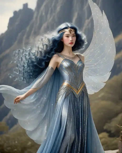 Prompt: Disney's Merida will-o'-the-wisp Faerietale Couture, sparklecore, jean maurice tibbet in a beautiful sparkly wonder woman costume, in the style of ethereal symbolism, light indigo and silver, colorized ferrotype, clamp, 1920s, nell dorr, asymmetric designs 