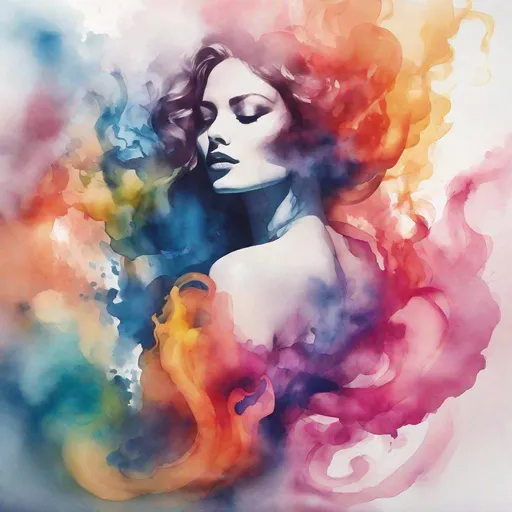 Prompt: smoke and mirrors splashed colorful watercolor curvaceous woman feminine form made of smoke and water 