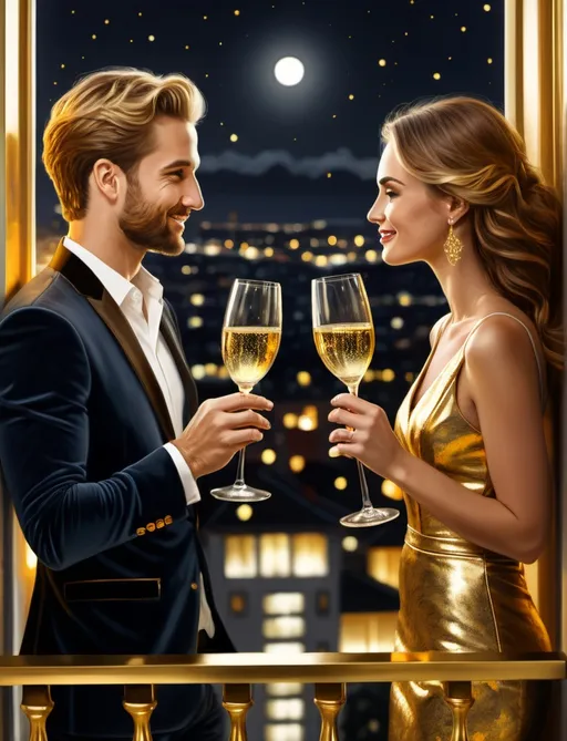 Prompt: two people drinking champagne from gold leaf edged wine glasses, on a balcony overlooking a city at night, photorealistic