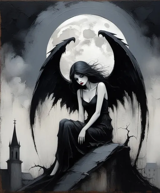 Prompt: La darling fallen angel girl Gargoyle, moonlight, Daarken, wlop, Sam Toft, Gris Grimly, Iren Horrors, Gloomy atmosphere, abstract art painting, Gritty texture, lose brushstrokes impasto, white black