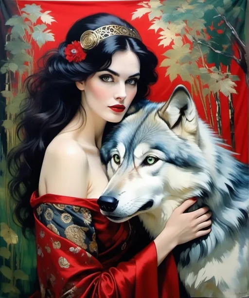 Prompt: Klimt, Jean-Gabriel Domergue, Jeannette Guichard-Bunel: mystical portrait of a woman with pale skin and dark hair embracing a large, realistic grey wolf. The background is an abstract tapestry of rich, deep greens and reds, possibly suggesting a forest or floral scene. The woman's attire and the wolf are adorned with ornate, gold-tinged patterns and elements reminiscent of steampunk or mechanical design, with gears and cogs. The overall composition combines elements of nature with intricate, mechanical designs, invoking a sense of magical realism.