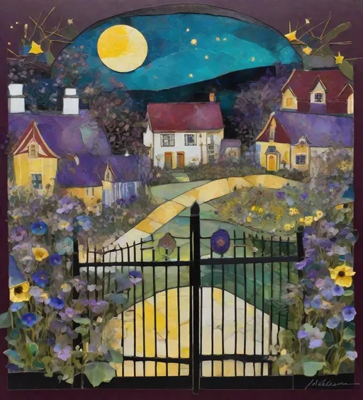Prompt: gate and/or gait Mixed media of Fluorite, Gold Cloisonne, and Alcoholink with thin black purple gold bright white lines at boundaries. Shades of deep burgundy, lemony yellow, indigo, teal, deep mauve. English country village in the night with cute houses, delicate, fragile. Michaelmas daisies and bright stars and pansies in foreground composed of Fluorite. Delicate Faberge gold cloisonne half moon in mauve and gold details, inlaid with fresh water pearls 