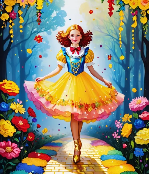 Prompt: Dorothy Gale in Munchkin Land, fashion photography, sequins embroidery in pastel colours and glittery multicoloured sequins, in the style of vibrant florals, gold leaf, bold and vibrant primary colors, floral explosions, luminous quality, yellow brick road, heistcore, extruded design, flower garland borders