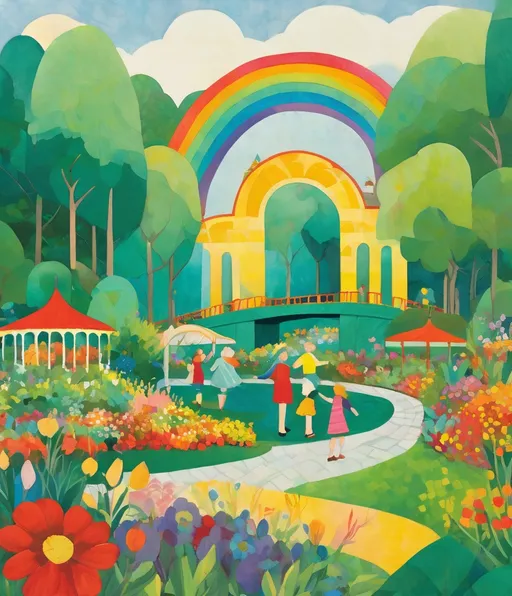 Prompt: Larsson's depiction of Bifrost captures a joyful, lively garden scene, with the bridge arching overhead in a burst of impressionistic color. The playful interaction between figures and the mythical structure adds a whimsical charm. This artwork is a celebration of life and legend, where the bridge becomes a backdrop to human joy. Larsson's Bifrost is a colorful embrace of myth and happiness. 