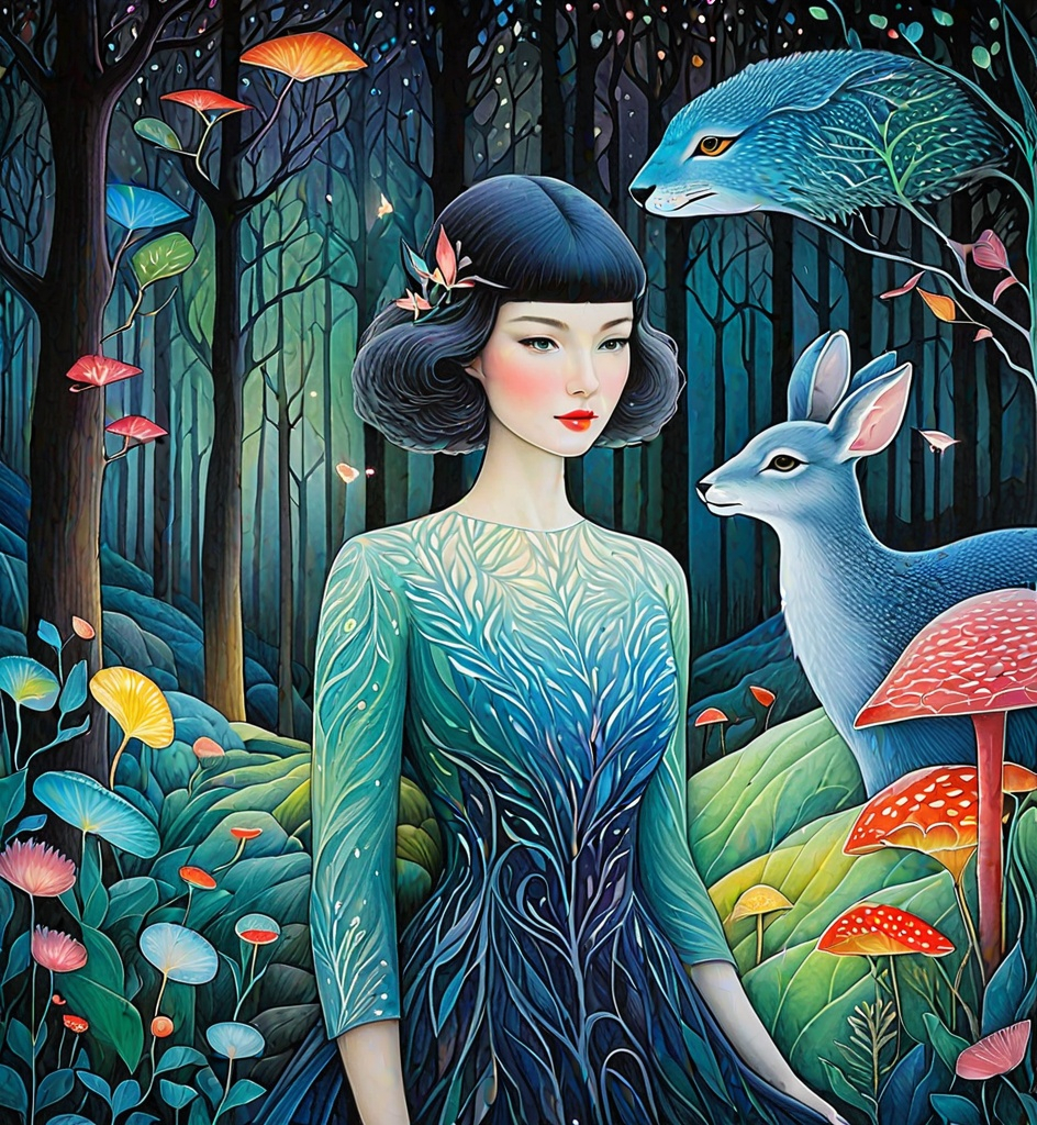 Prompt: The very Pretty girl and beautiful creatures at a magical night forest Illustration art by Lisa Parker, Michael Leunig, Edward Okun, anna dittmann, Kazumasa Nagai, Desmond Morris. 3/4 body portrait, 3d, Watercolor and ink, impasto, volumetric lighting, spectacular, intricate, beautiful, fantastic view, extremely detailed