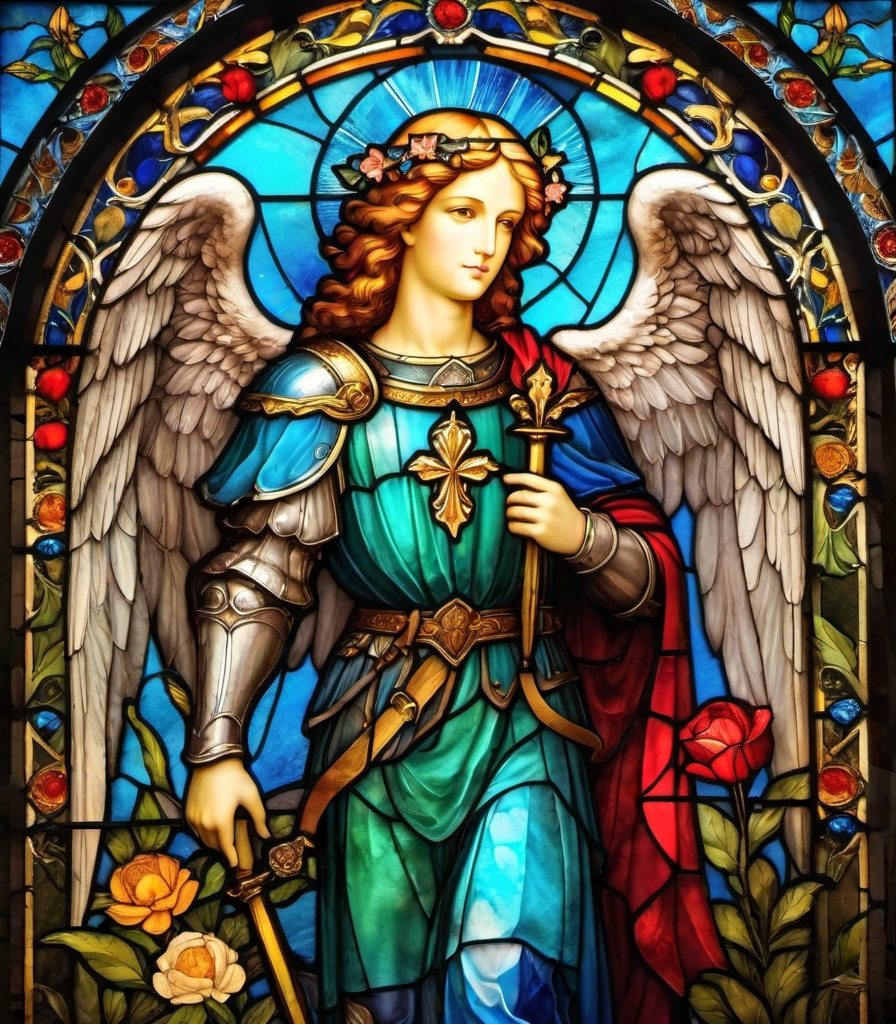 Prompt: wonderful archangel with beautiful flowers fruits and wings medieval grunge 