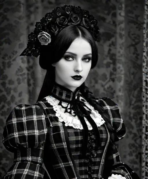 Prompt: photonegative refractograph beautiful gothic girl in tartan haute couture 