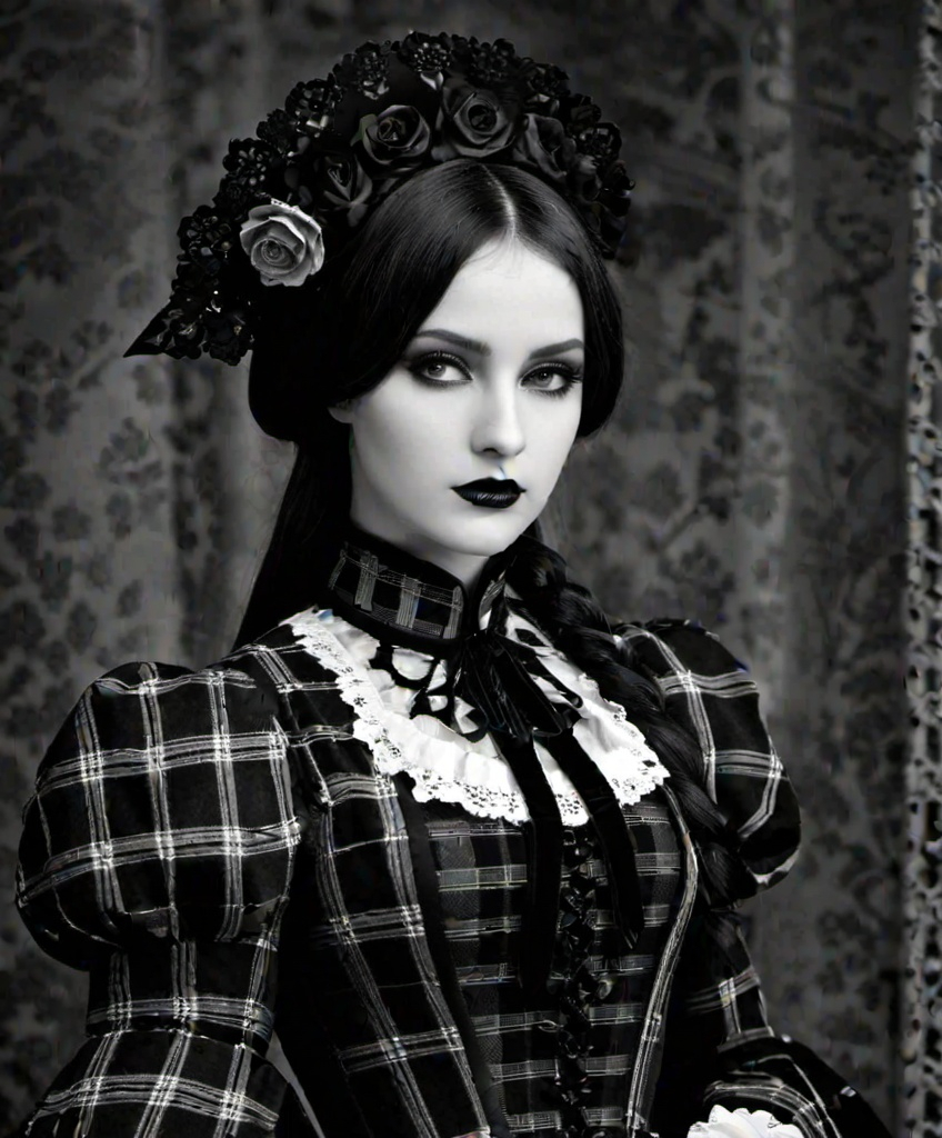 Prompt: photonegative refractograph beautiful gothic girl in tartan haute couture 