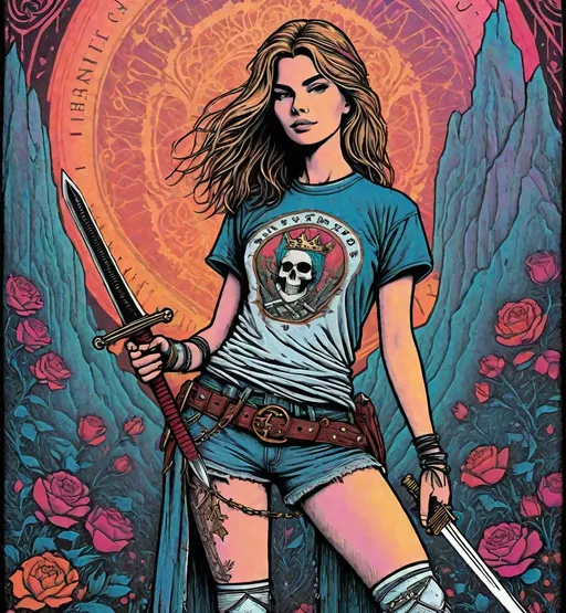 Prompt: Gig posters, art prints, graphic print, screenprint. A 1990’s grunge girl standing with a sword in one hand. Wearing a t-shirt that reads "Princess" and old trainers. Alternative, indie, medieval grunge, grunge aesthetic. Trippy, Psychedelic. Print in the style of Grateful Dead, Rhys Cooper, intricate details, sharp, hyperdetailed