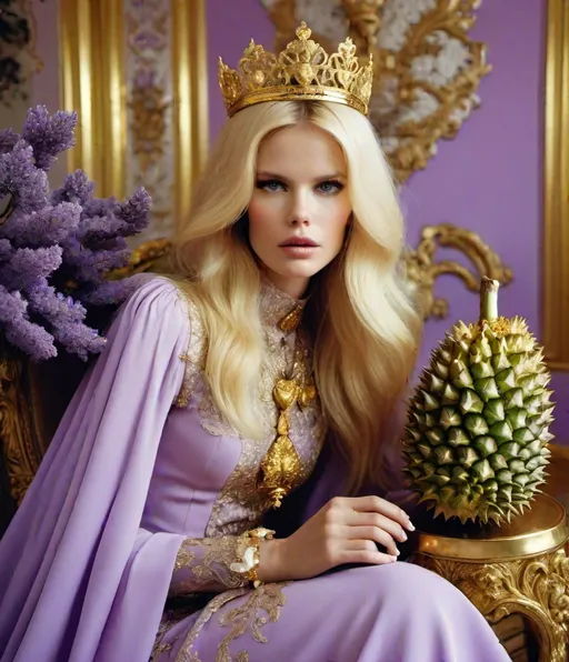 Prompt: SHivering of evil intention deep in her eyes , glamorous supermodel claudia schiffer, heart attack durian gastronomy fashion holy ark of covenant discovery, gold gilded details I feel the lavender haze creepin' up on me , shimmering, photography by Romina ressia , SLim aarons, , Fan Ho,Animorphia - Kerby Rosanes, James christensen , 16K HD, sharp focus, attention to details