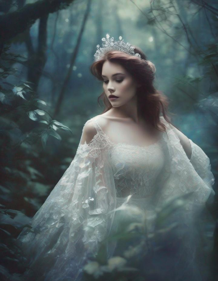 Prompt: A beautiful young lady, beautiful face, in a magical ghostly forest art by  Rebeca Saray, Yves Saint-Laurent, Paolo Roversi, Thomas Edwin Mostyn, Hiro isono, James Wilson Morrice, Axel Scheffler, Gerhard Richter, pol Ledent, Robert Ryman. Guache Impasto and volumetric lighting. Mixed media, elegant, intricate, beautiful, award winning, fantastic view, 4K 3D, high definition, hdr, focused, iridescent watercolor and ink