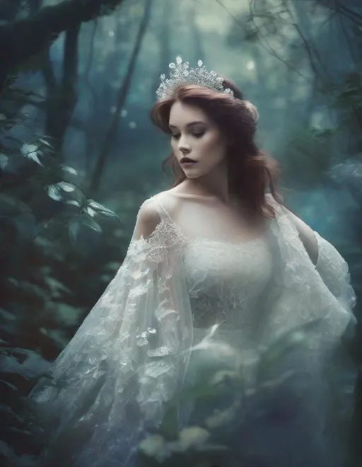 Prompt: A beautiful young lady, beautiful face, in a magical ghostly forest art by  Rebeca Saray, Yves Saint-Laurent, Paolo Roversi, Thomas Edwin Mostyn, Hiro isono, James Wilson Morrice, Axel Scheffler, Gerhard Richter, pol Ledent, Robert Ryman. Guache Impasto and volumetric lighting. Mixed media, elegant, intricate, beautiful, award winning, fantastic view, 4K 3D, high definition, hdr, focused, iridescent watercolor and ink