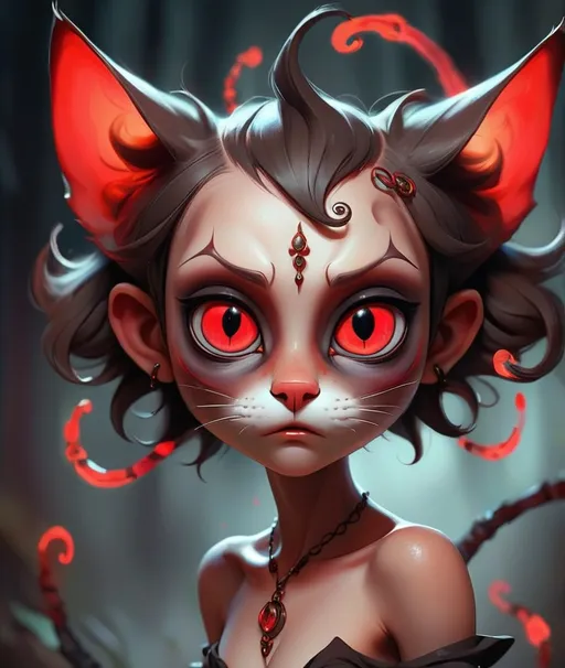 Prompt: faerie cat with long piercing black eyes, in the style of #screenshotsaturday, distorted and exaggerated human figures, smokey background, dark brown and red, nightcore, lit kid, whirly 