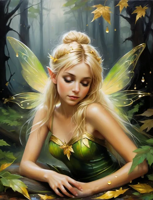 Prompt: dark fantasy oil painting of a fairy resembling tinkerbell. Sprawled out barefoot in a forest, Her long messy blond hair tied in a bun has bangs to one side. pixie wings. happy but jealous and freckles scattered across her face and body. Rain. Fog. forest *Gold Leaf