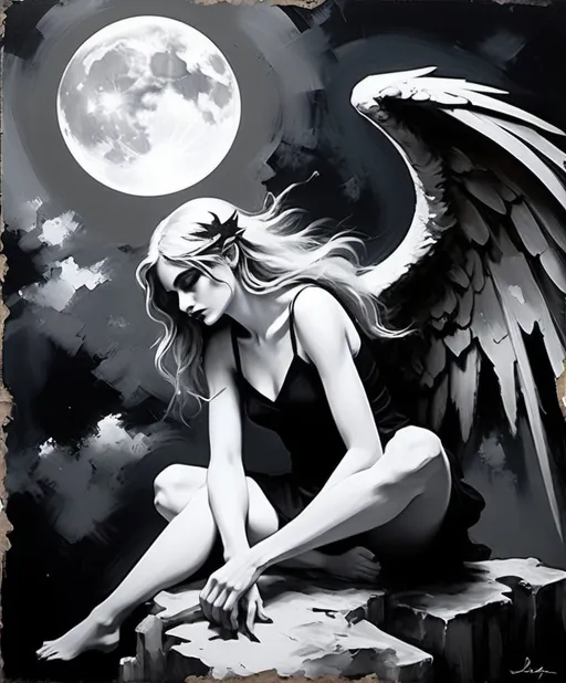 Prompt: La darling fallen angel girl Gargoyle, moonlight, Daarken, wlop, Gloomy atmosphere abstract art painting, Gritty texture, lose brushstrokes impasto, white black