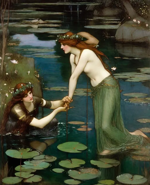 Prompt: Hylas and the *Constructivist Glitch Art* Naiads, painted by John William Waterhouse 