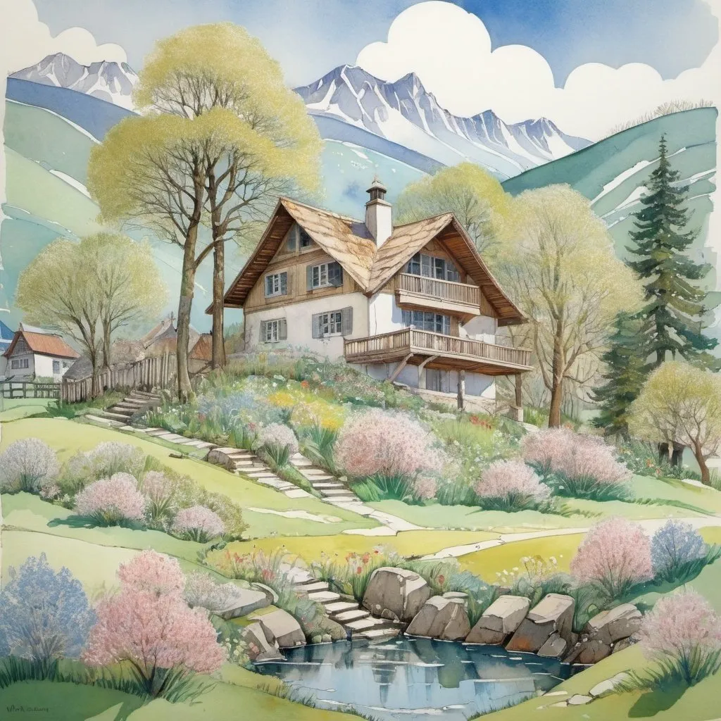 Prompt: Bucolic spring chalet Illustration art by Anne Redpath, Bill Bell, Catherine Holman, Albert Irvin, Mikalojus Konstantinas Ciurlionis. Extremely detailed, intricate, beautiful, guache and pen Ink. 3d, high definition, fantastic view. Impasto Watercolors and Ink, volumetric lighting