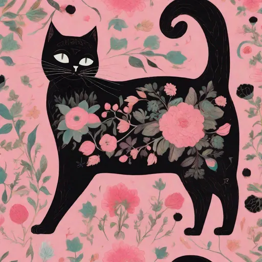 Prompt: the black cat on a pink table with floral decoupage decorations, in the style of ferris plock, charming character illustrations