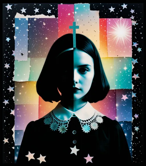 Prompt: a photonegative refractograph of Wednesday Adams made of polaroids collage of Poltergeists, in the style of paper piecing and scrapbooking, sparklecore, gradient highlights, star dust overlay, cross processing, experiential collage techniques, light leaks, expired damaged film, Canon EOS R7, multilayered collage, anaglyphic photo effect, double exposure photo effect