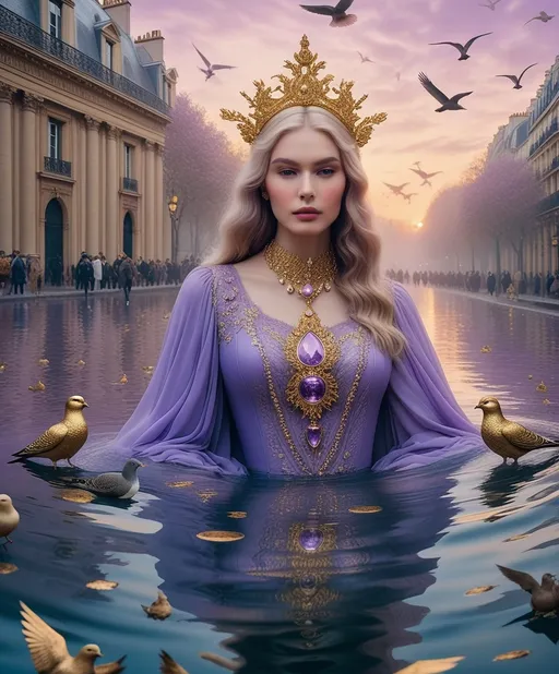 Prompt: The beautiful lady, She is underwater, 🦀 flood water in paris, cat among pigeons, 🎆 ethereal fashion holy ark of covenant discovery, gold gilded details I feel the lavender haze creepin' up on me , shimmering, photography by annie leibovitz, Ori Gherst,Animorphia - Kerby Rosanes, James christensen , 16K HD, sharp focus, attention to details 