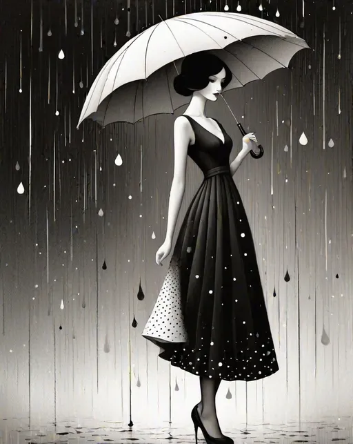 Prompt: L black and white illustration with a woman wearing a dress and umbrella, in the style of jeremiah ketner, hayv kahraman, gabriel pacheco, , raw vulnerability, naive charm, line and dot work 
