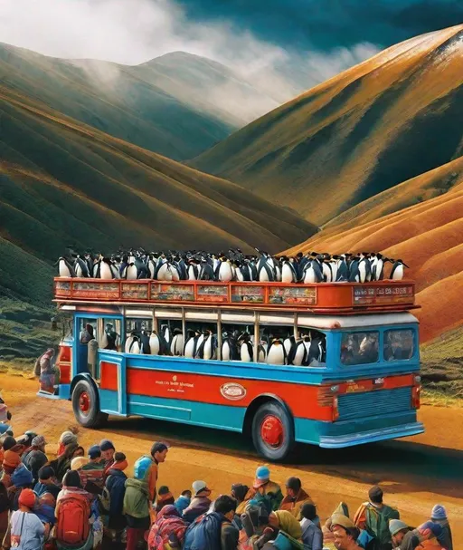 Prompt: a very over crowded quadruple decker bus loaded with penguin passengers, hot vs cold, driving through firestorm, photo