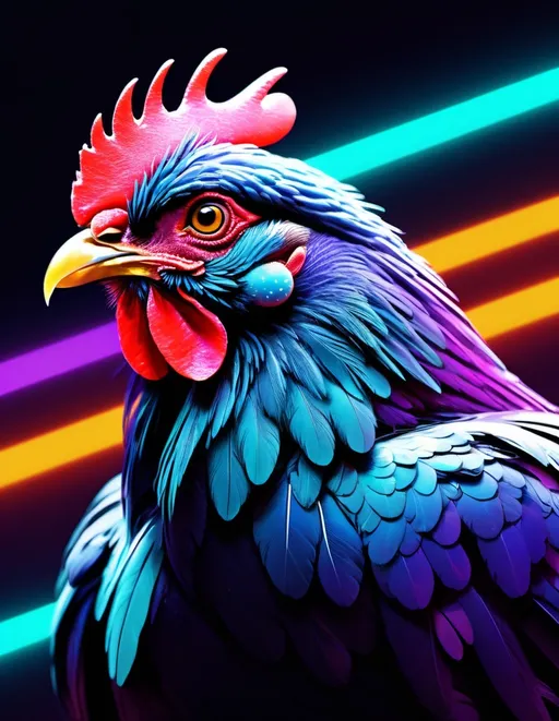 Prompt: metaphorical chicken, neon uplight, cosmos neural galaxies background, in the style of NubisImmortalAiCreations