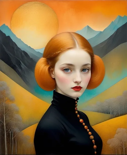 Prompt: Craquelure, tempera, oil textured art by Iren Horrors, art by Daria Petrilli and Gabriel Pacheco, style of Odilon Redon, Degas style, Theophile Steinlen, Laurie Simmons, Victor Nizovtsev, Gustav Klimt, Anastazja Markowicz, Meret Oppenheim: abstract beautiful woman with the blowing peach ombre hair in the middle of nowhere, she melts into mountainous landscape, bright pastels, decoupage, impasto.