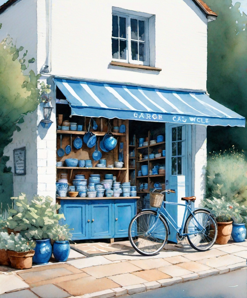 Prompt: hand drawn illustration of a garage sale shop with bicycle outside, in the style of quirky pottery, white and blue, henry scott tuke, villagecore, barclay shaw, chic illustrations, archillect