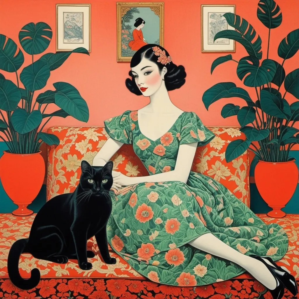 Prompt: The very pretty girl, She likes cats a lot, an unreasonable amount of cats, whimsical room, vivid thick colors, louis icart, Javier Mariscal, Lee Mullican, Lucien Clergue, Loie Hollowell, John Reuss, Olimpia Zagnoli, Simen Johan, Harumi Hironaka, Anna Silivonchik, Norman McLaren