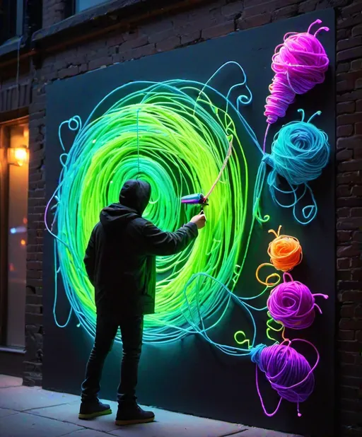 Prompt: a pixar style cartoon but made for adults of a skinny thug creature spraying graffiti string at a wall and painting a string wool artwork out of neon silk glow worm thread, light artwork