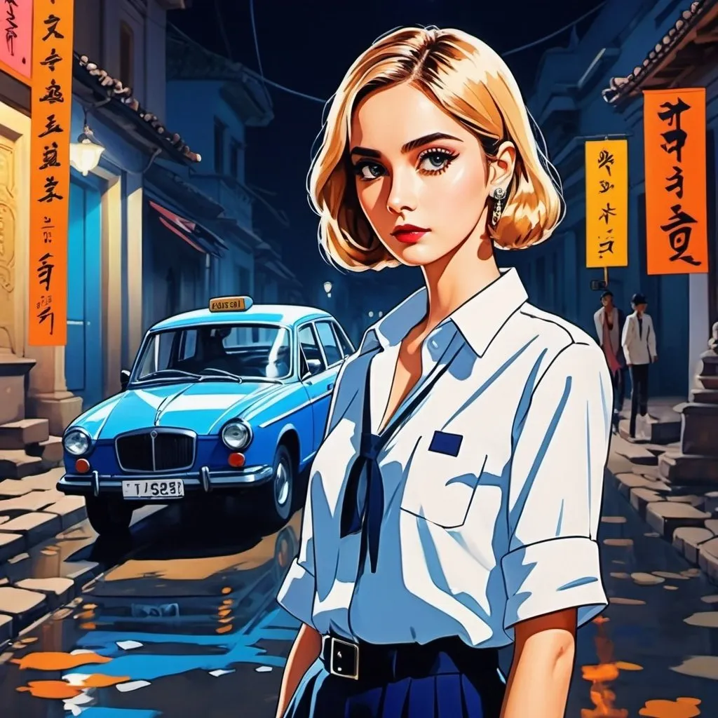 Prompt: portrait, detective travels in Khajuraho witnessing an accident plotted by a mysterious organization, webtoon series, movie, anime style + fashion elements, twiggy figure, neon glamour, bold brushstrokes, refer to the case closed by gosho aoyama + henri matisse 