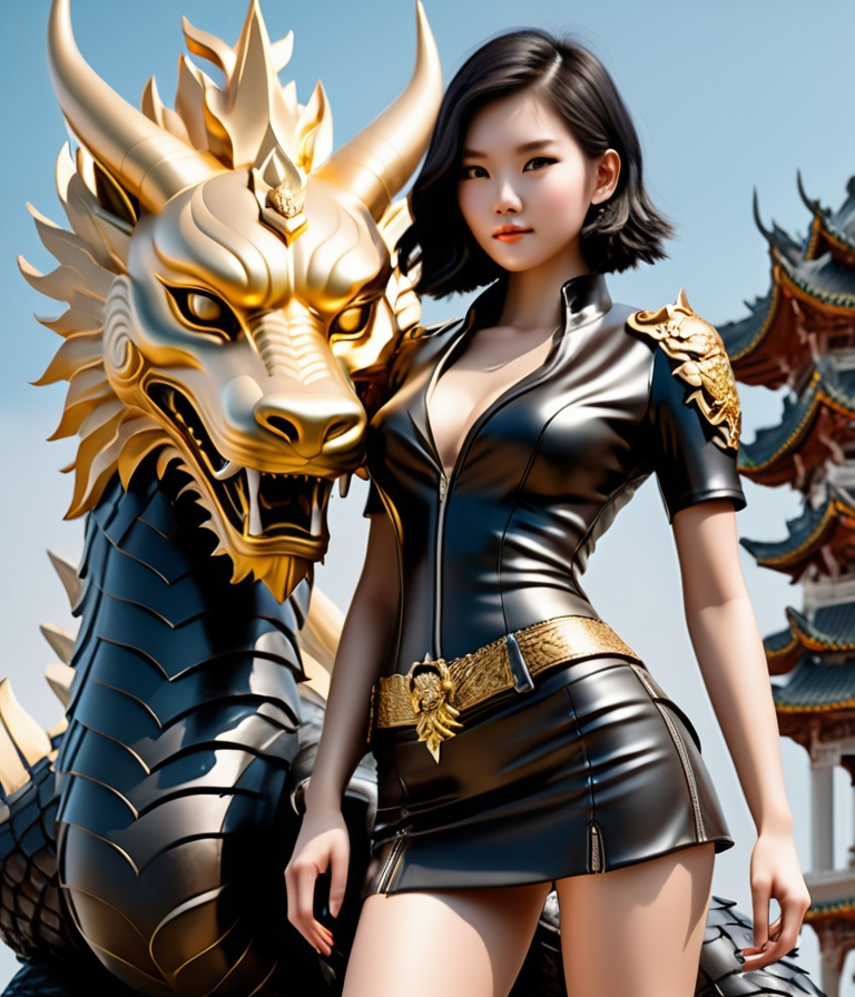 Prompt: a pretty young woman in a leather skirt posing next to a statue of a deity, in the style of hyper-realistic details, chinapunk, vray, dark academia, dragon art, light beige and black, realistic images *Gold Leaf 