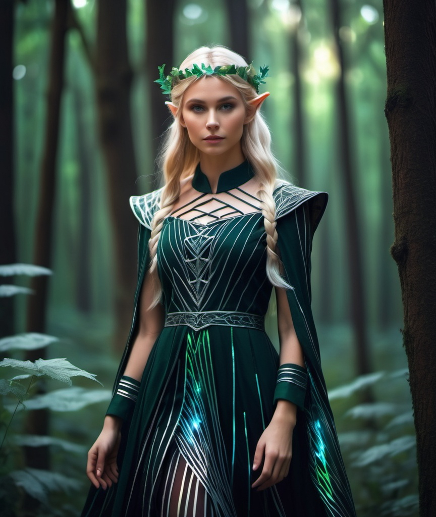 Prompt: beautiful blond female elf suited in a sartorial dark cotton dress sewn in light strips leave pattern holographic colors mystical dream vision dark forest scene