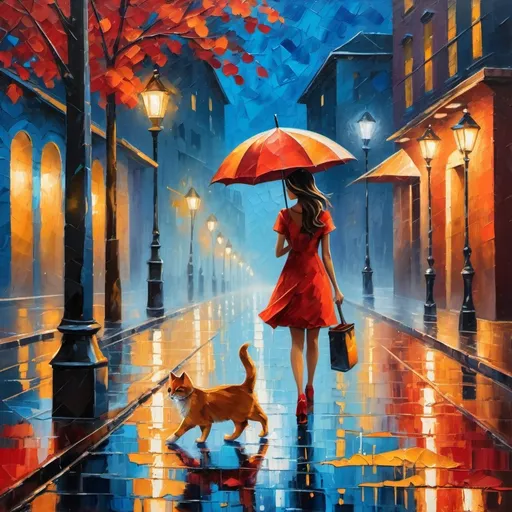 Prompt: A textured oil painting depicting a girl wearing a cute red Peach dress walking in the rain at night while holding a blue umbrella, accompanied by street cat. The background street is illuminated by a warm glow from streetlights, reflected on the wet pavement mingling with vibrant fallen leaves. The style is impressionistic, with heavy, visible brushstrokes and a rich, contrasting color palette dominated by shades of blue, gold, and hints of red. The setting appears to be in an urban environment with building silhouettes in the background.