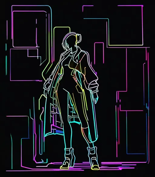 Prompt: outline neon silhouette of a cyberpunk woman full-body modelling pose on black background, minimalist 