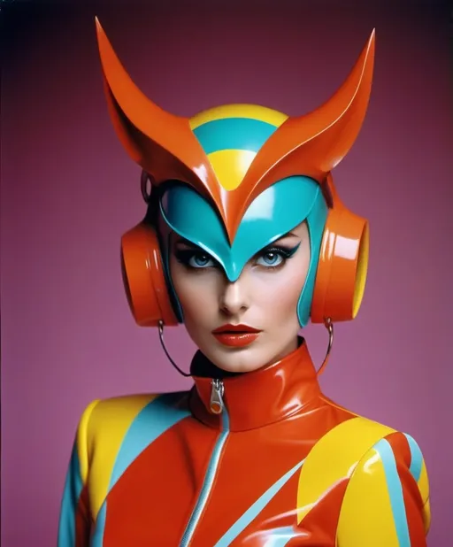 Prompt: portrait photo of a stunning European woman, shockwave, vibrantly colourful latex suit fashion, "horned owl" fashion label, contrasting solid background, professional fashion magazine cover shot, 35mm kodachrome, photography by Dirk Braeckman, shot on hasselblad medium format camera 