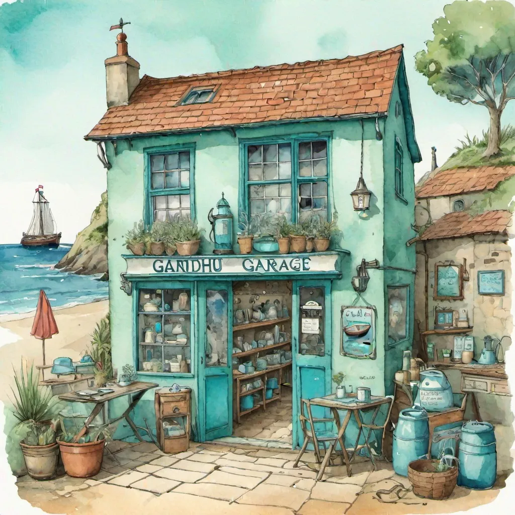 Prompt: gairndhu vintage garage sale shop & cafe, in the style of whimsical illustration, sea green and blue, medievalist, bombacore, endurance art, british topographical, aquarellist 