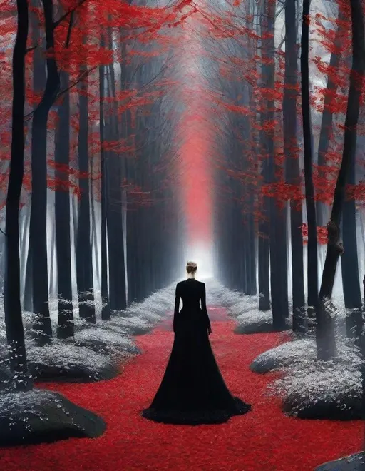 Prompt: A beautiful young lady, beautiful face, wearing opalescent black dress in a ghostly forest of white stem trees with red leaves, god rays through the tees, rim lighting, art by Mario Sorrenti,  Yves Saint-Laurent, Paolo Roversi, Thomas Edwin Mostyn, Hiro isono, James Wilson Morrice, Axel Scheffler, Gerhard Richter, pol Ledent, Robert Ryman. Guache Impasto and volumetric lighting. 3/4 portrait, Mixed media, elegant, intricate, beautiful, award winning, fantastic view, 4K 3D, high definition, hdr, focused, iridescent watercolor and ink