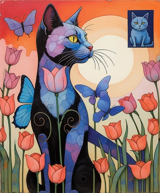 Prompt: Art by Marc Johns, Javier Mariscal, Paolo Uccello, Monica Blatton, Luminous encaustic texture, gradient bold crossed colors, profile of an expressive beautiful cat looking up with a butterfly perched in its nose, in a field of tea rose and periwinkle tulips, piercing odd colored eyes, twilight sky.