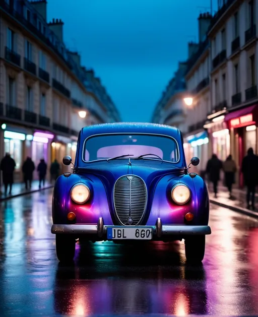 Prompt: Time-lapse motion blur, A 40 years old guy in an old car in a street in Paris. Rainy day. Cold lights. Blue red and purple tones. Martin Scorcese. Wes Anderson.