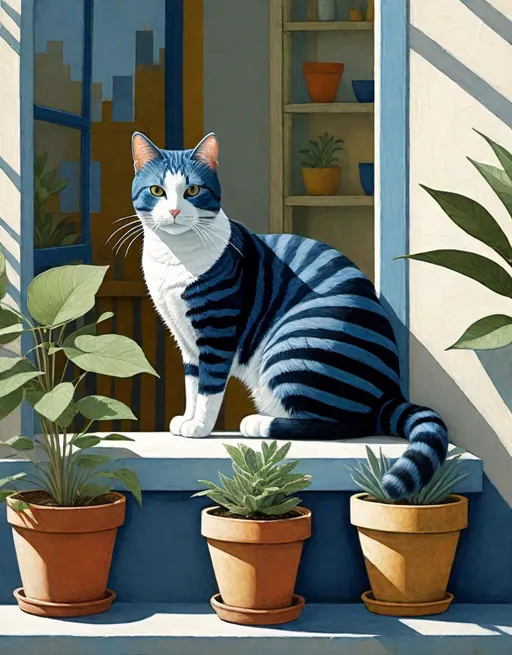 Prompt: whimsical illustration of a cat with indigo stripes, lounging in a sunlit window, surrounded by potted plants, art by Sam Toft, Jamie Heiden, Michael Creese. 3d, extremely detailed 