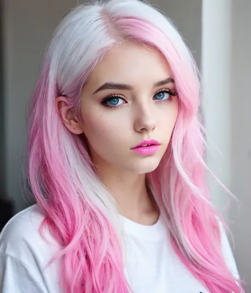 Prompt: The beautiful girl, white and pink hair, split personality, blowing bubble gum, she is hot vs cold bubblegum perfect 