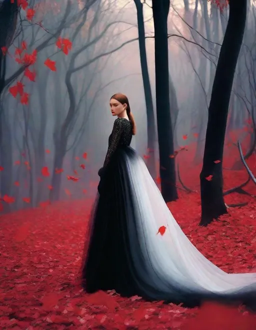 Prompt: A beautiful young lady, beautiful face, wearing opalescent black dress in a ghostly forest of white stem trees with red leaves, god rays through the tees, rim lighting, art by Mariano Vivanco,  Yves Saint-Laurent, Paolo Roversi, Thomas Edwin Mostyn, Hiro isono, James Wilson Morrice, Axel Scheffler, Gerhard Richter, pol Ledent, Robert Ryman. Guache Impasto and volumetric lighting. 3/4 portrait, Mixed media, elegant, intricate, beautiful, award winning, fantastic view, 4K 3D, high definition, hdr, focused, iridescent watercolor and ink