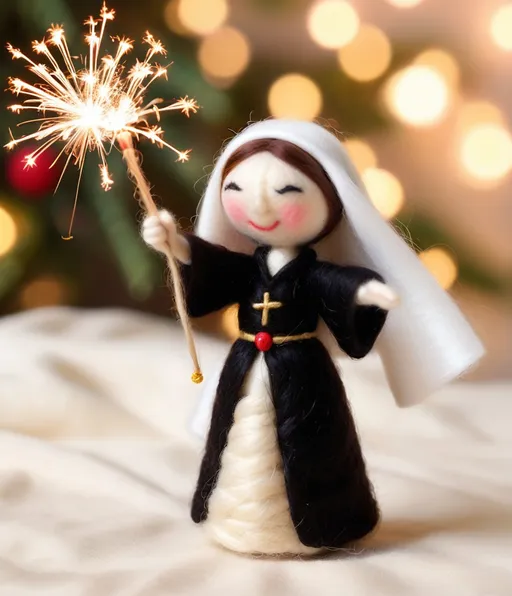 Prompt: needle felted nun::3 waving sparklers::3 , text : "Happy New Year"::3 written in rattan font royalty style 