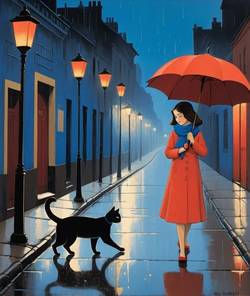 Prompt: Will Barnet, Wilhelmina Barns-Graham, textured naive art oil painting depicting a girl wearing a red Peach dress and blue scarf walking in the rain at night while holding a blue umbrella, accompanied by street cat. The background street is illuminated by a warm glow from streetlights, reflected on the wet pavement mingling with vibrant fallen leaves. The style is impressionistic, with heavy, visible brushstrokes and a rich, contrasting color palette dominated by shades of blue, gold, and hints of red. The setting appears to be in an urban environment with building silhouettes in the background.