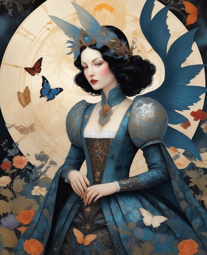 Prompt: comics cover by Bastien Lecouffe-Deharme, Hayv Kahraman, Erik Madigan Heck, Nicholas Hughes, Nicholas Hilliard, Daarken, faerietale couture, dark fantasy:: Whimsical beauty alice in wonderland, decoupage, intertwined with encaustic painting, impasto, ethereal foggy, craquelure, egg tempera effect, plethora of pokemons lanquerware with mother of pearl inlay, vampiress godess, spread dark dragon iridescent wings, in the asterism sky, medieval armor with geoglyph engraves, in action, with a heliocentric kinetic glowing spear, 