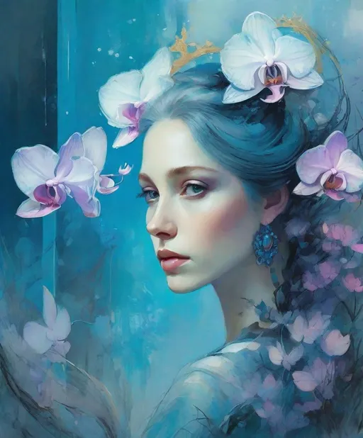 Prompt: A very pretty dreamy orchid princess is so blue, dragons are eating her flowers, style by Bob Peak, Henry Raleigh, Charles Conder, John Reuss, Justin Gaffrey, John Lowrie Morrison, Patty Maher, van Gogh, Valerie Hegarty, 3d, highest definition, rich colours., Watercolor, trending on artstation, sharp focus, 